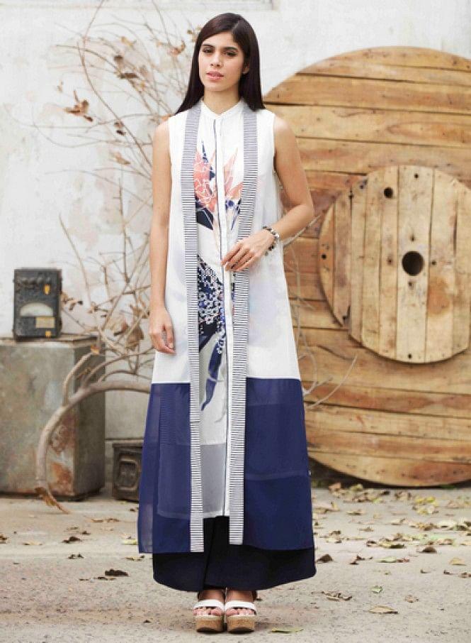 White Printed Sleeveless kurta - wforwoman