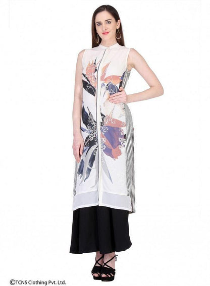 White Printed Sleeveless kurta - wforwoman