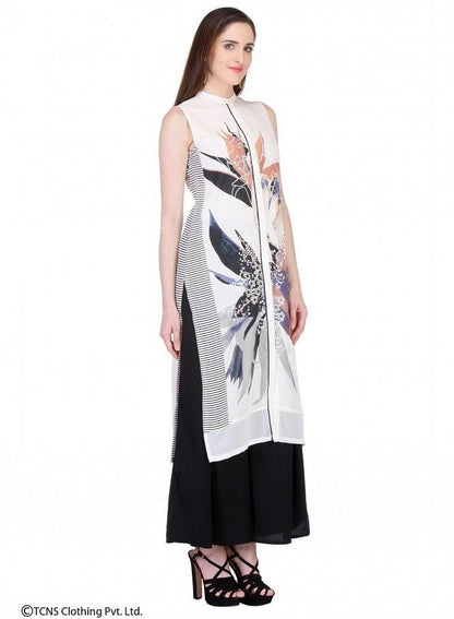 White Printed Sleeveless kurta - wforwoman