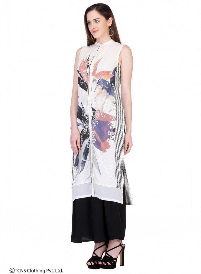 White Printed Sleeveless kurta - wforwoman