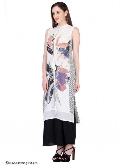 White Printed Sleeveless kurta - wforwoman