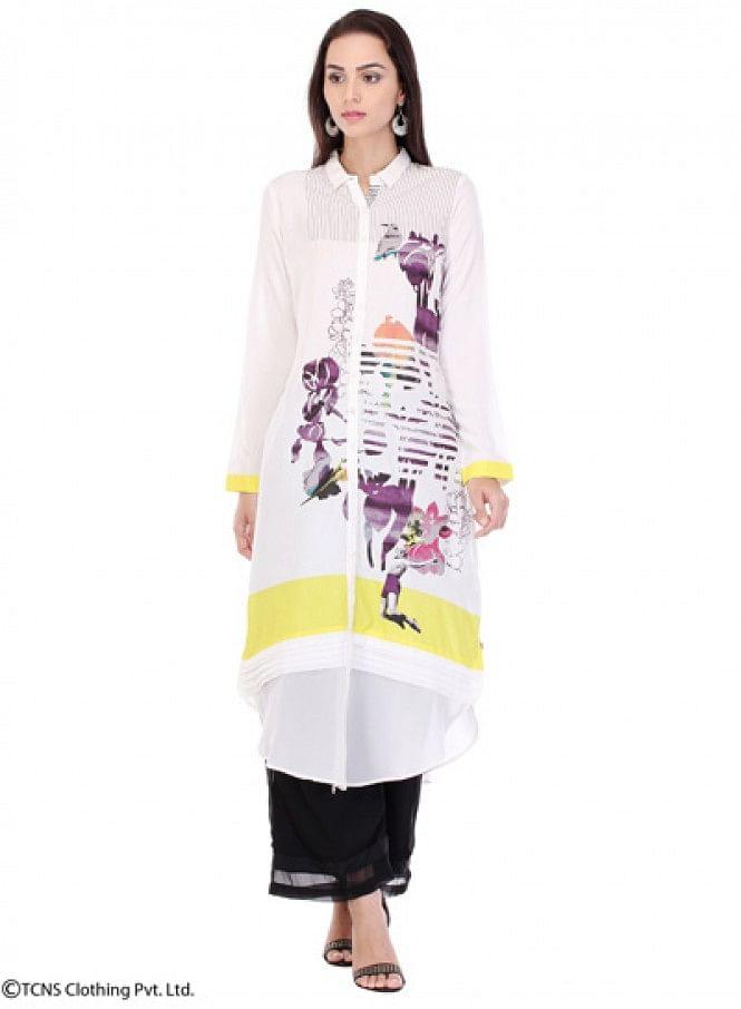 White Printed Full Sleeve kurta - wforwoman