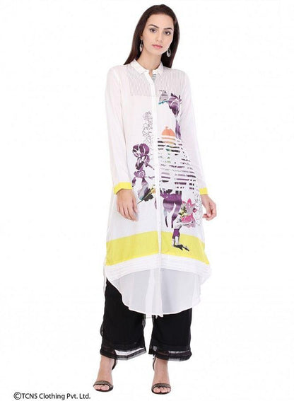 White Printed Full Sleeve kurta - wforwoman