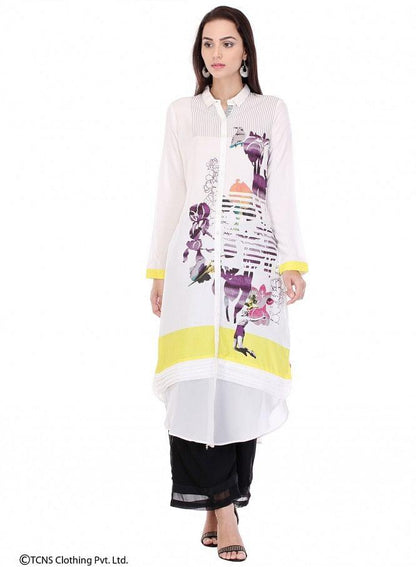 White Printed Full Sleeve kurta - wforwoman