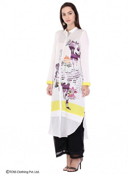 White Printed Full Sleeve kurta - wforwoman