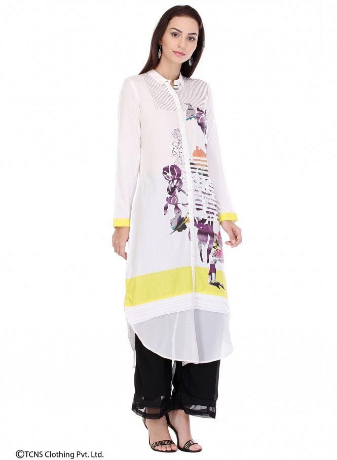 White Printed Full Sleeve kurta - wforwoman