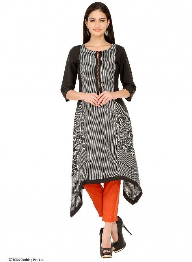 Black Printed 3/4 Sleeve kurta - wforwoman