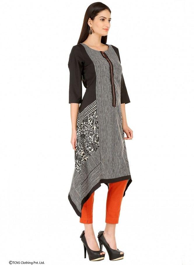 Black Printed 3/4 Sleeve kurta - wforwoman