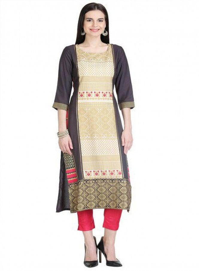 Black 3/4 Sleeve Printed kurta - wforwoman