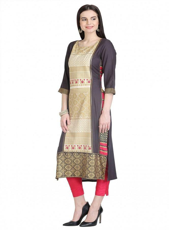 Black 3/4 Sleeve Printed kurta - wforwoman