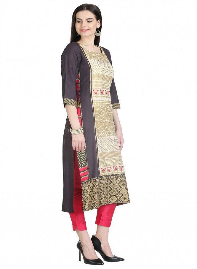 Black 3/4 Sleeve Printed kurta - wforwoman