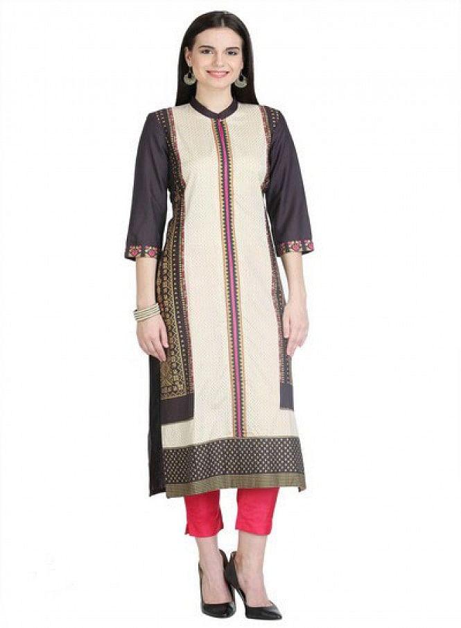 Beige 3/4 Sleeve Printed kurta - wforwoman