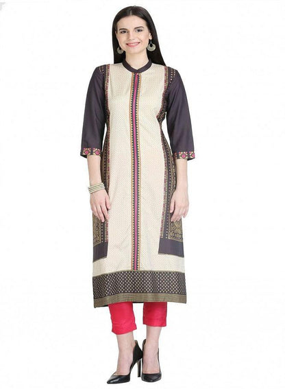 Beige 3/4 Sleeve Printed kurta - wforwoman