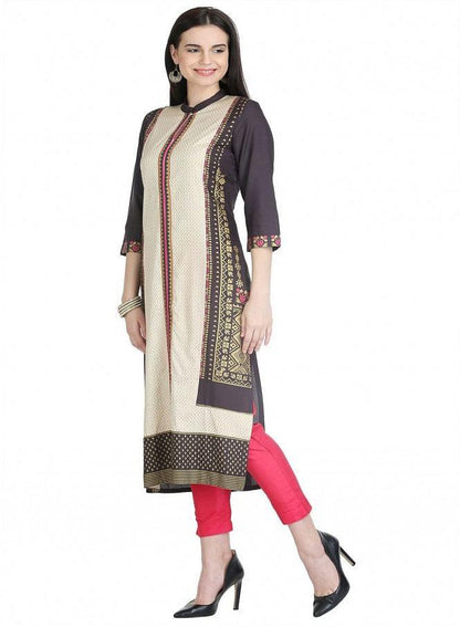 Beige 3/4 Sleeve Printed kurta - wforwoman