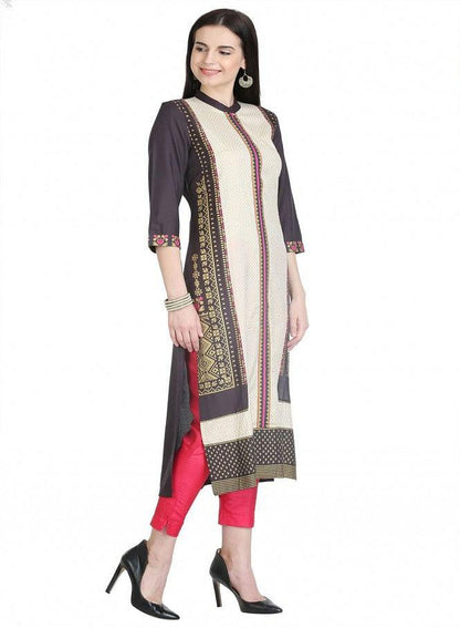 Beige 3/4 Sleeve Printed kurta - wforwoman