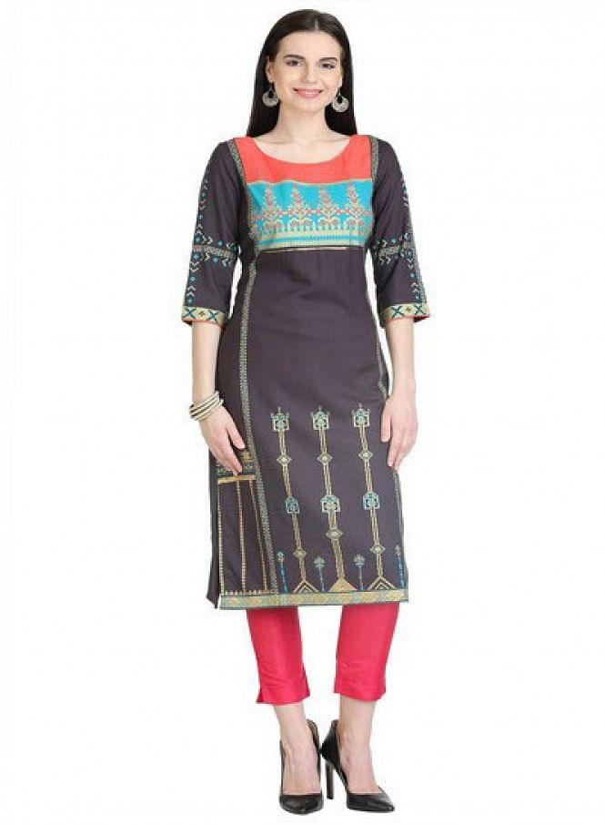 Black 3/4 Sleeve Printed kurta - wforwoman