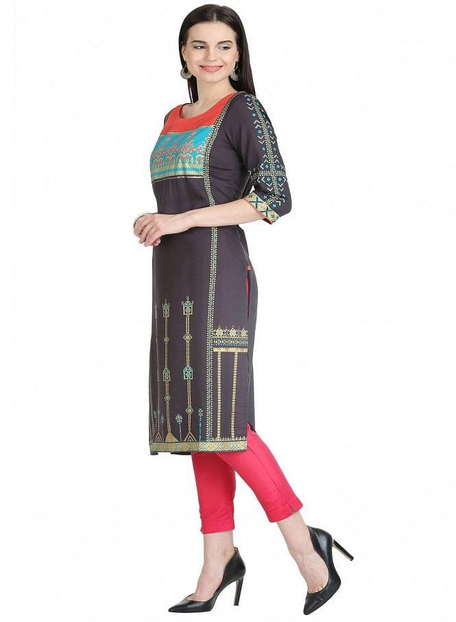 Black 3/4 Sleeve Printed kurta - wforwoman