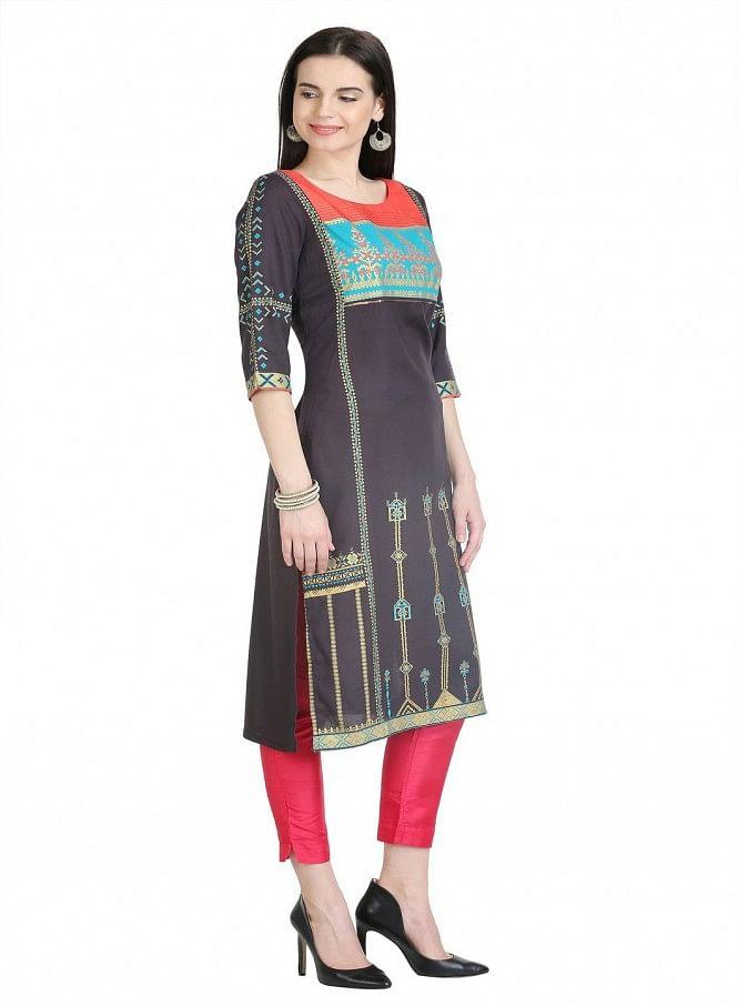 Black 3/4 Sleeve Printed kurta - wforwoman