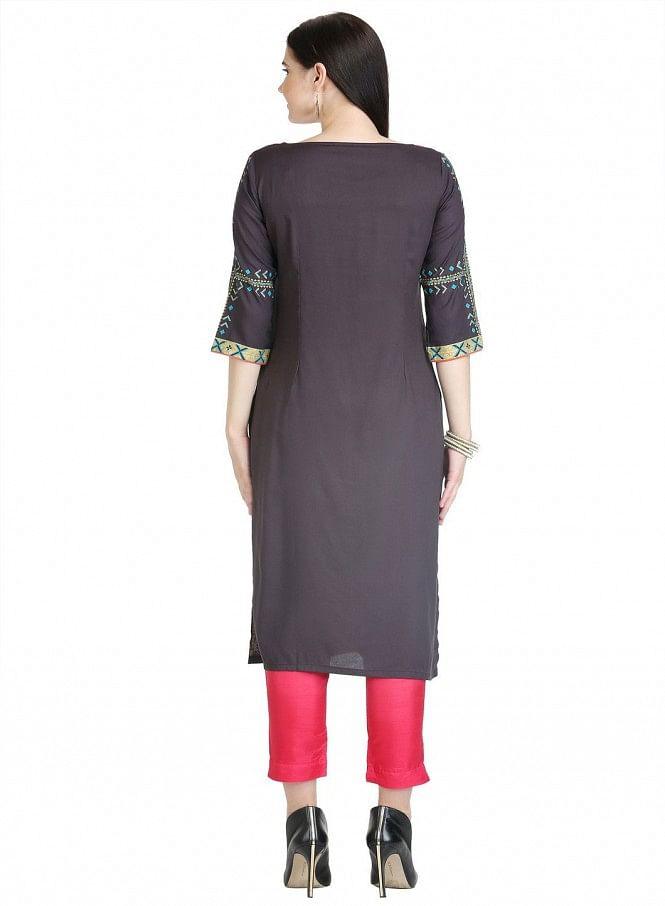 Black 3/4 Sleeve Printed kurta - wforwoman