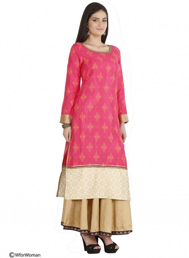 Pink Printed Full Sleeve kurta - wforwoman