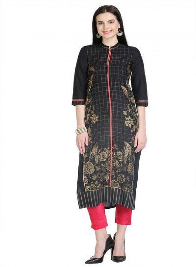 Black 3/4 Sleeve Printed kurta - wforwoman