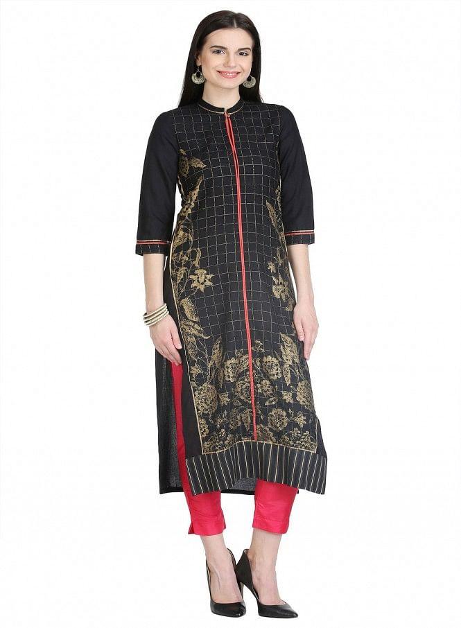 Black 3/4 Sleeve Printed kurta - wforwoman