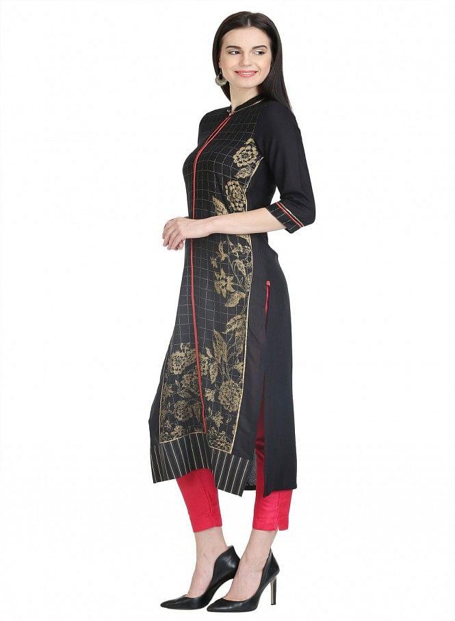 Black 3/4 Sleeve Printed kurta - wforwoman