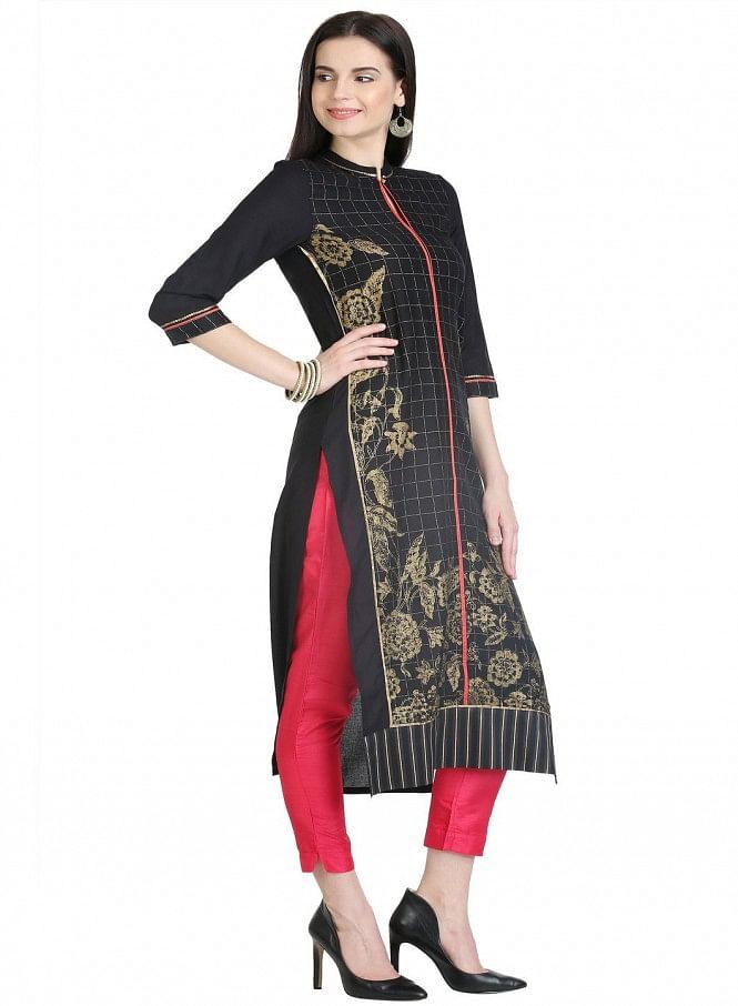 Black 3/4 Sleeve Printed kurta - wforwoman