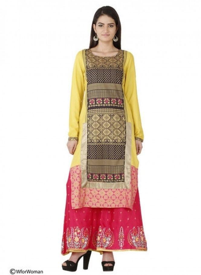 Yellow Printed Full Sleeve kurta - wforwoman