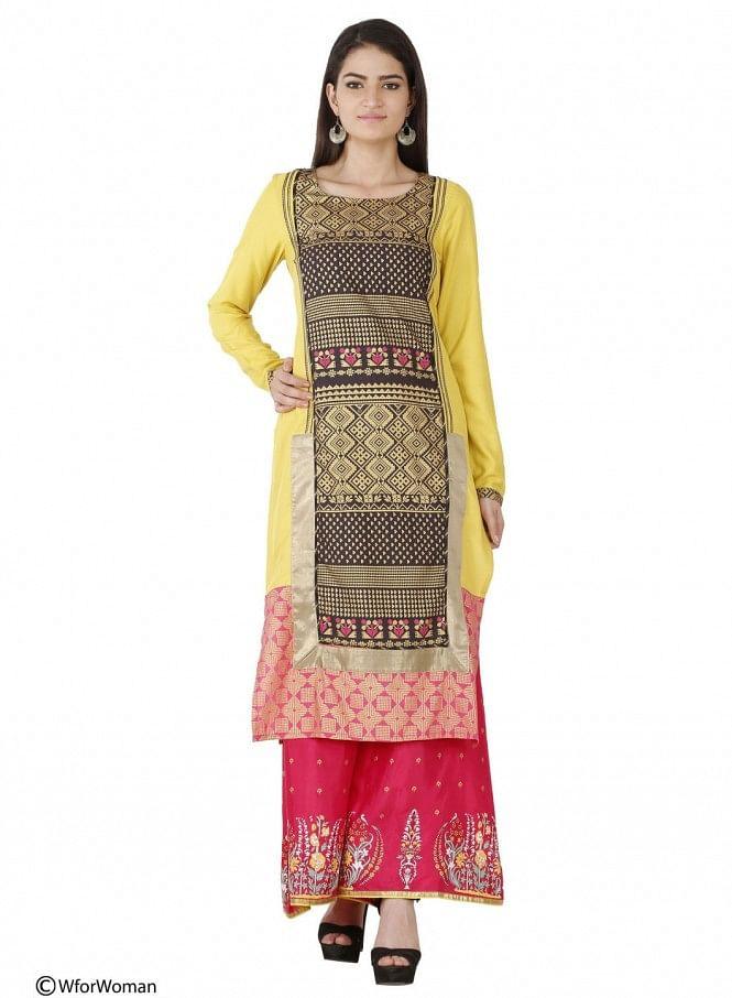 Yellow Printed Full Sleeve kurta - wforwoman