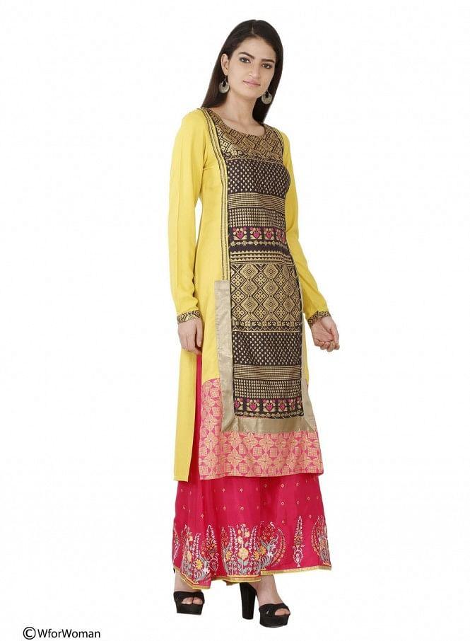 Yellow Printed Full Sleeve kurta - wforwoman