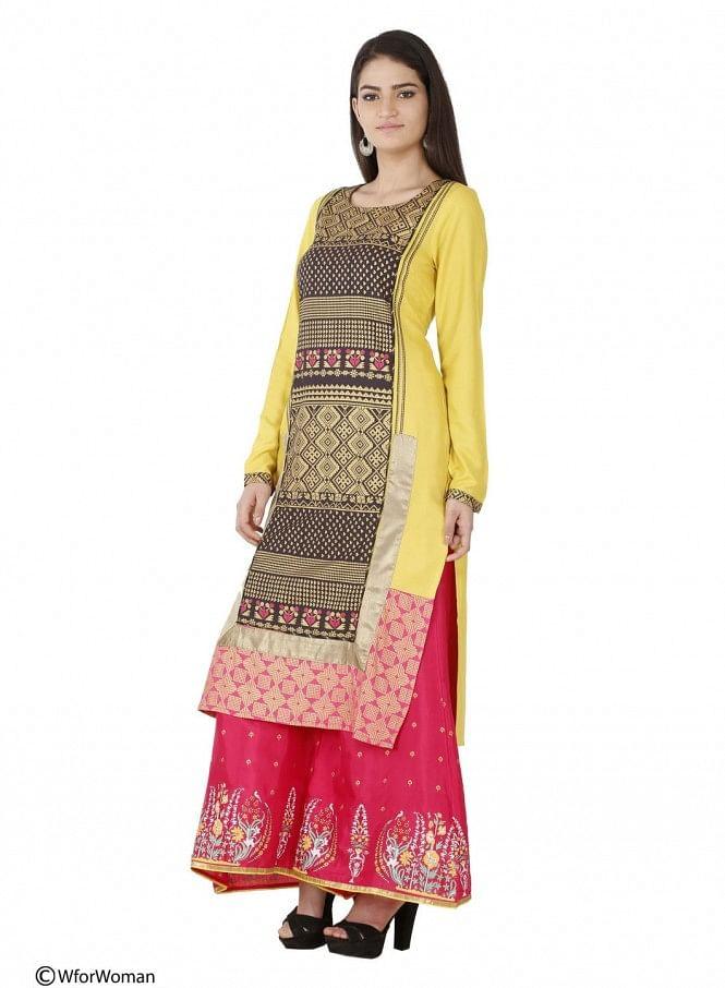 Yellow Printed Full Sleeve kurta - wforwoman