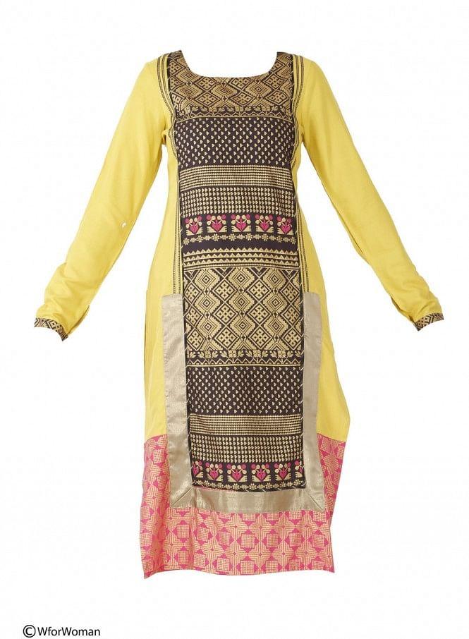 Yellow Printed Full Sleeve kurta - wforwoman