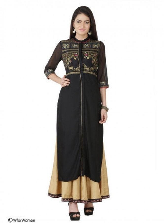 Black Printed 3/4 Sleeve kurta - wforwoman