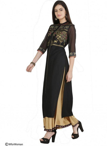 Black Printed 3/4 Sleeve kurta - wforwoman