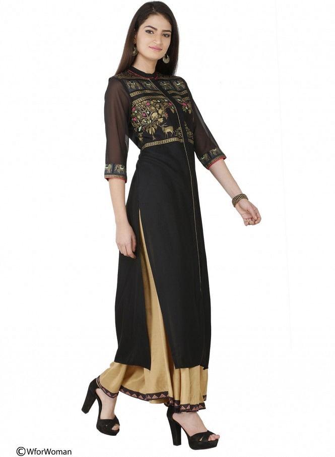 Black Printed 3/4 Sleeve kurta - wforwoman