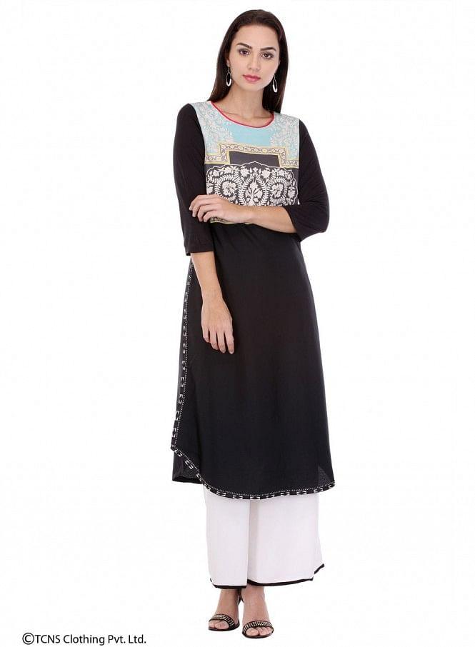 Black Printed 3/4 Sleeve kurta - wforwoman