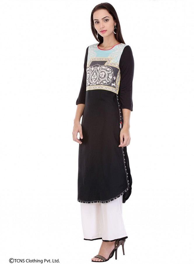 Black Printed 3/4 Sleeve kurta - wforwoman