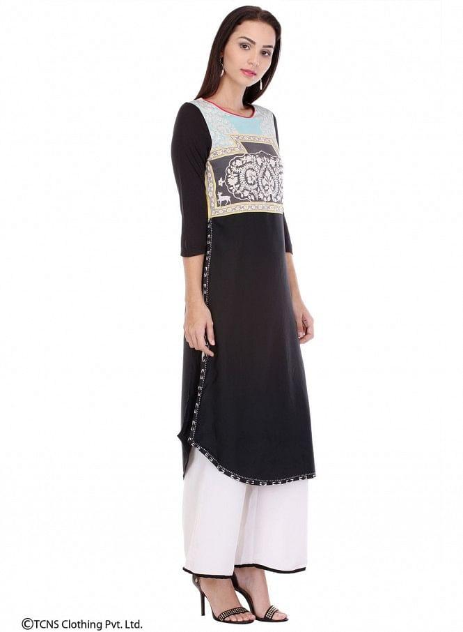 Black Printed 3/4 Sleeve kurta - wforwoman