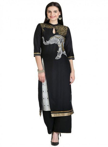 Black 3/4 Sleeve Printed kurta - wforwoman