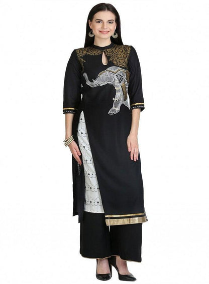 Black 3/4 Sleeve Printed kurta - wforwoman