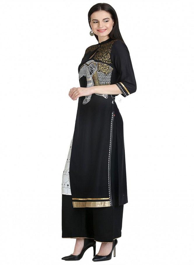 Black 3/4 Sleeve Printed kurta - wforwoman