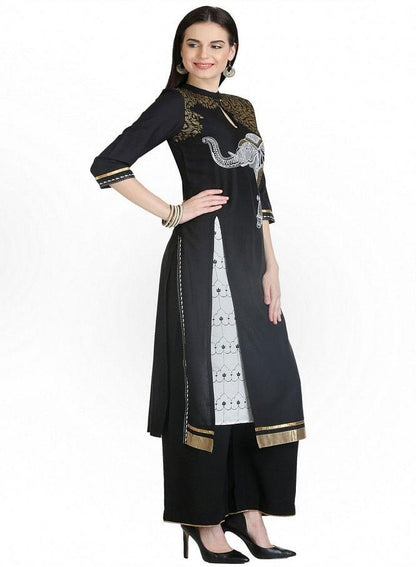 Black 3/4 Sleeve Printed kurta - wforwoman