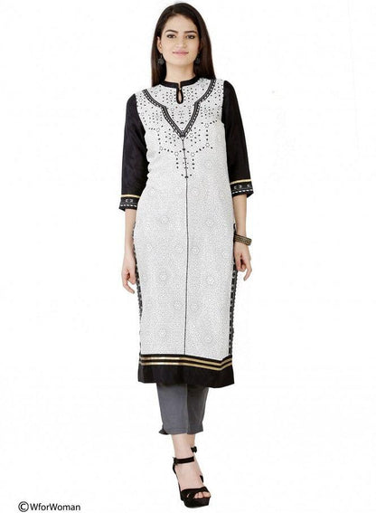 White Printed 3/4 Sleeve kurta - wforwoman