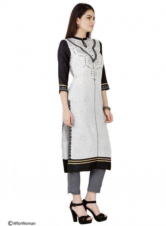 White Printed 3/4 Sleeve kurta - wforwoman