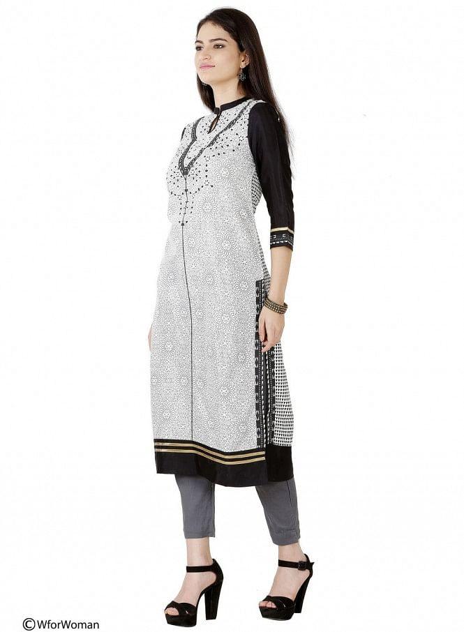 White Printed 3/4 Sleeve kurta - wforwoman