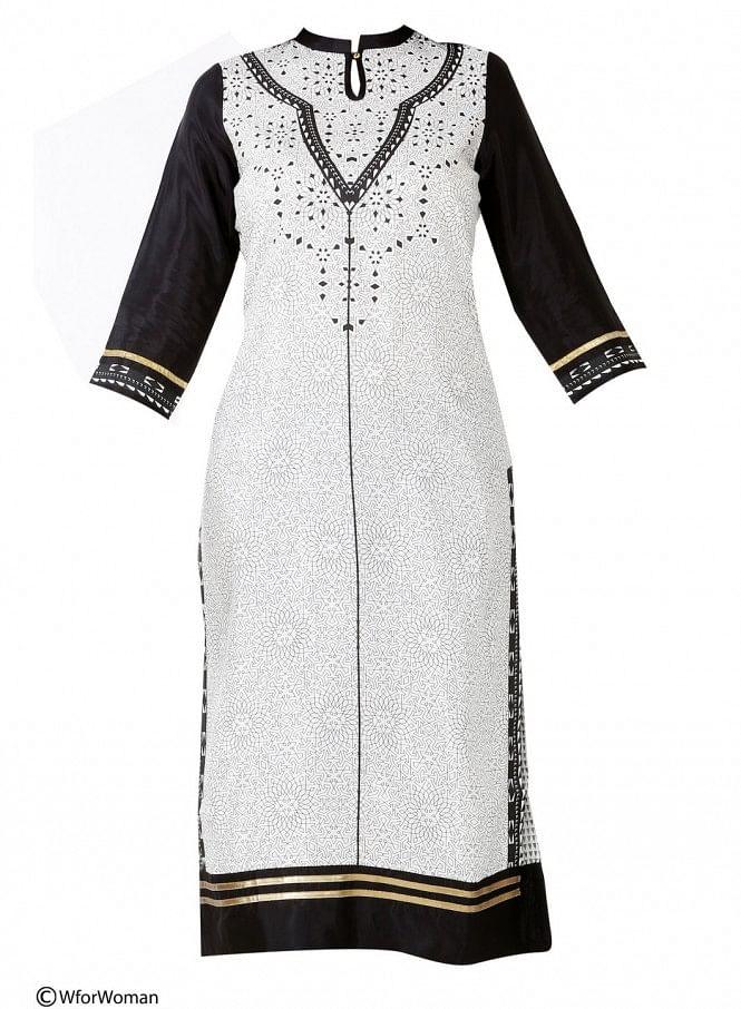 White Printed 3/4 Sleeve kurta - wforwoman