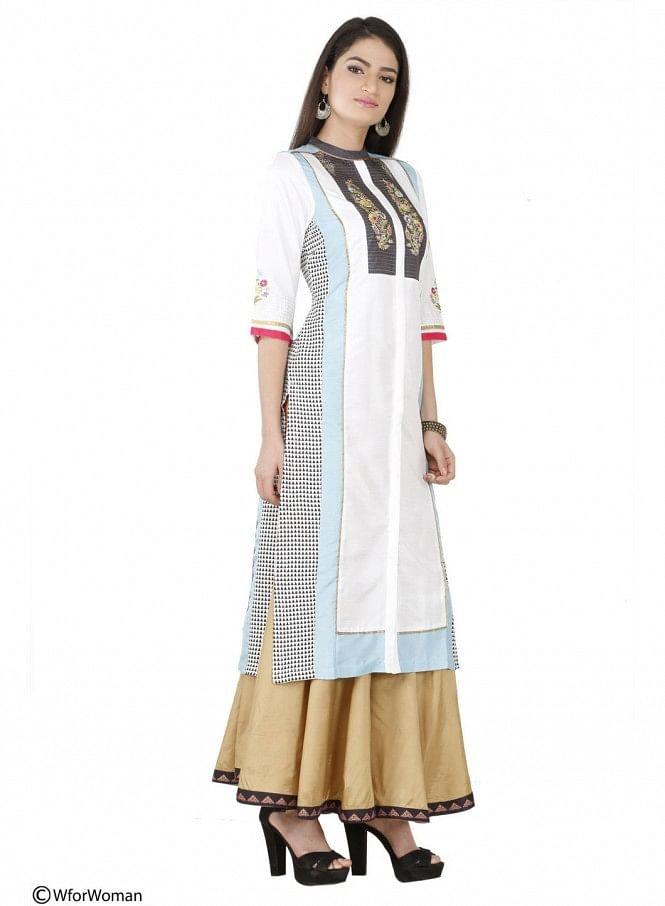 White Printed 3/4 Sleeve kurta - wforwoman