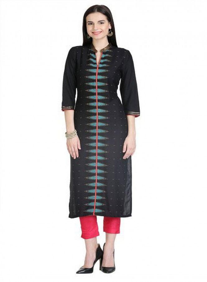 Black 3/4 Sleeve Printed kurta - wforwoman