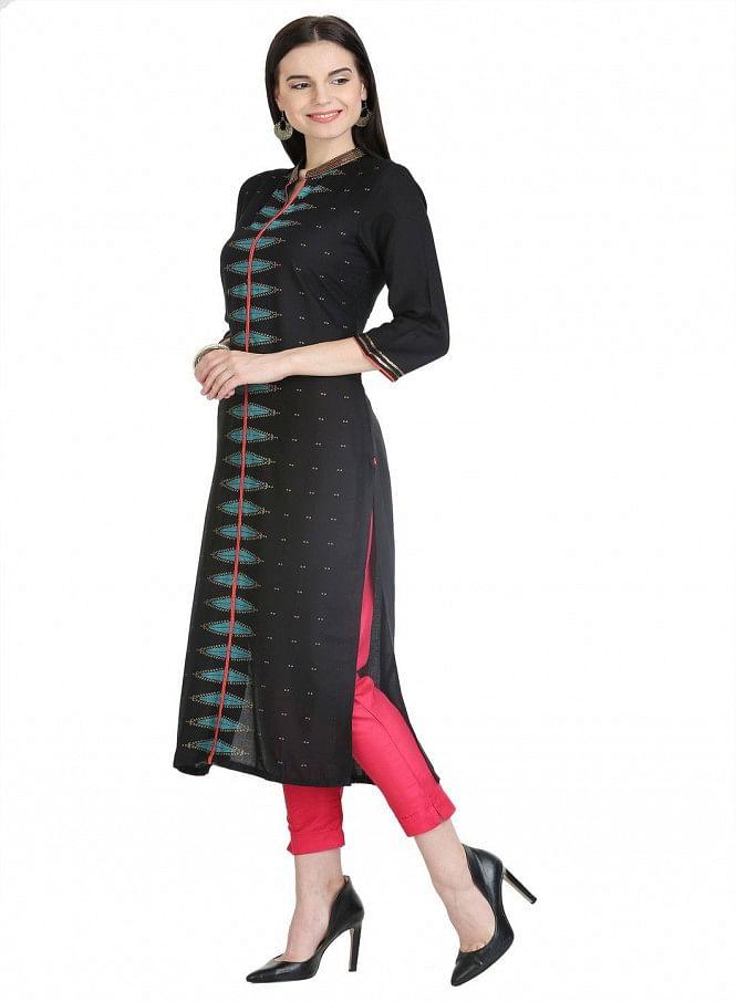 Black 3/4 Sleeve Printed kurta - wforwoman